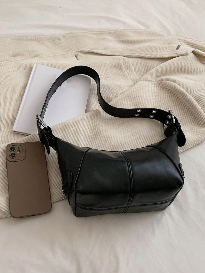 Medium Hobo Bag Stitch Detail Minimalist Black