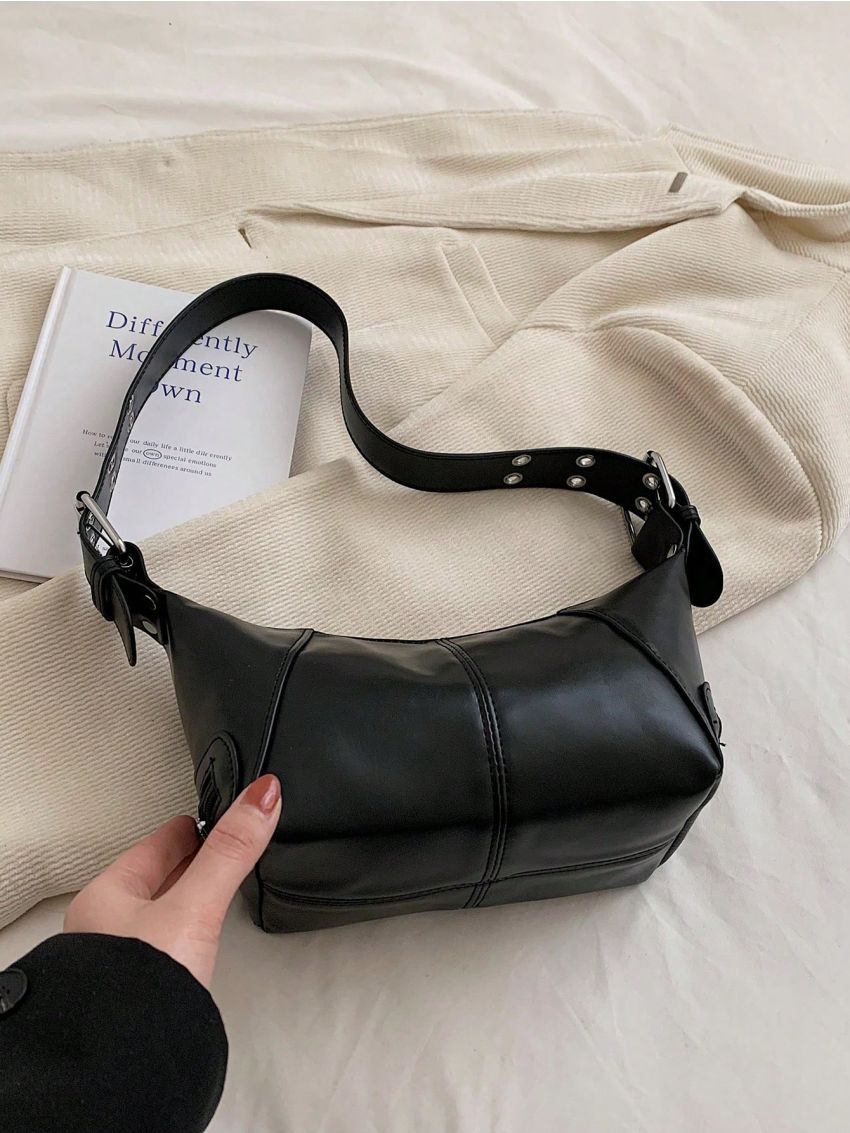 Medium Hobo Bag Stitch Detail Minimalist Black