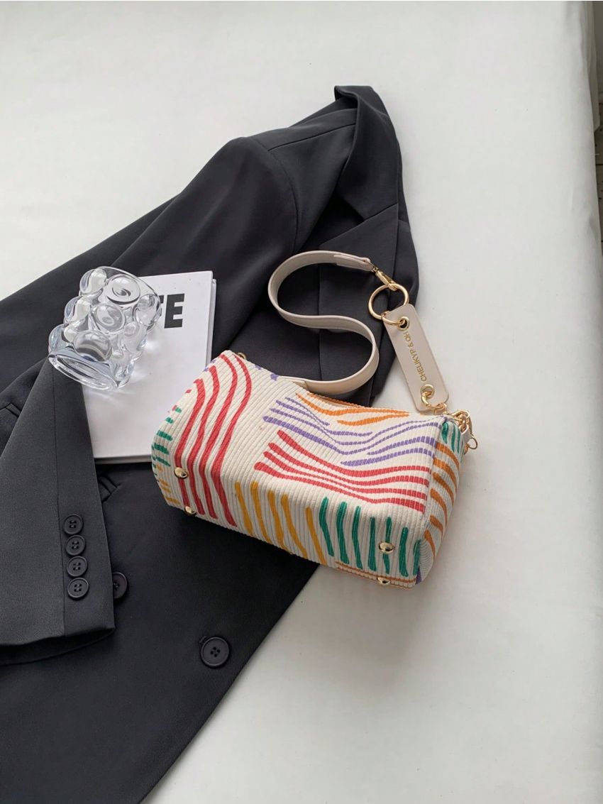 Small Shoulder Bag Stripe Pattern Letter Patch Decor