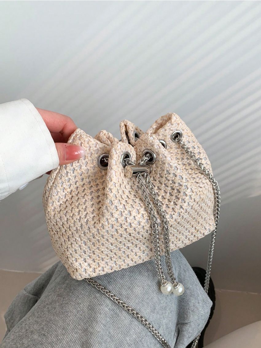 Mini Straw Bag Faux Pearl Detail Chain Strap