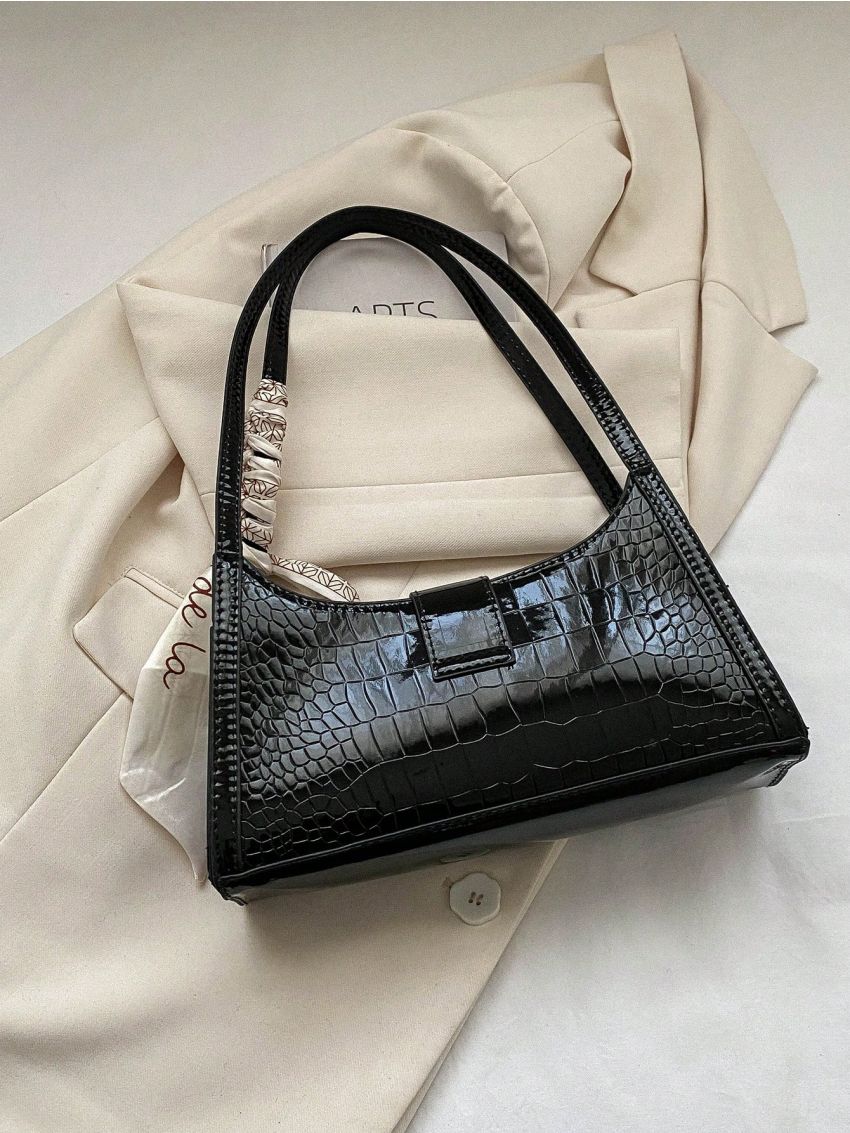 Crocodile Embossed Baguette Bag Buckle & Twilly Scarf Decor For Daily