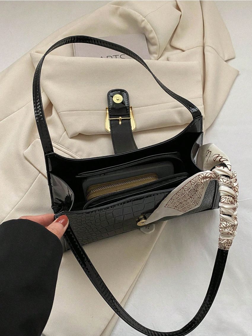 Crocodile Embossed Baguette Bag Buckle & Twilly Scarf Decor For Daily