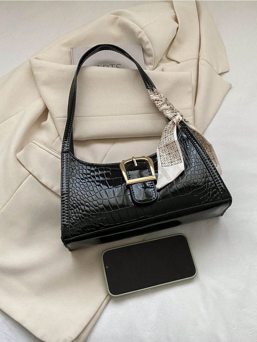 Crocodile Embossed Baguette Bag Buckle & Twilly Scarf Decor For Daily