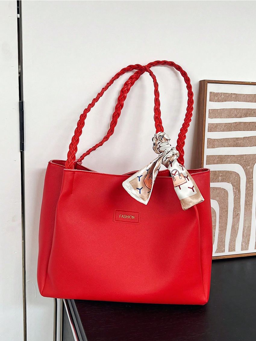 Letter Patch Shoulder Tote Bag Twilly Scarf Decor Large Capacity