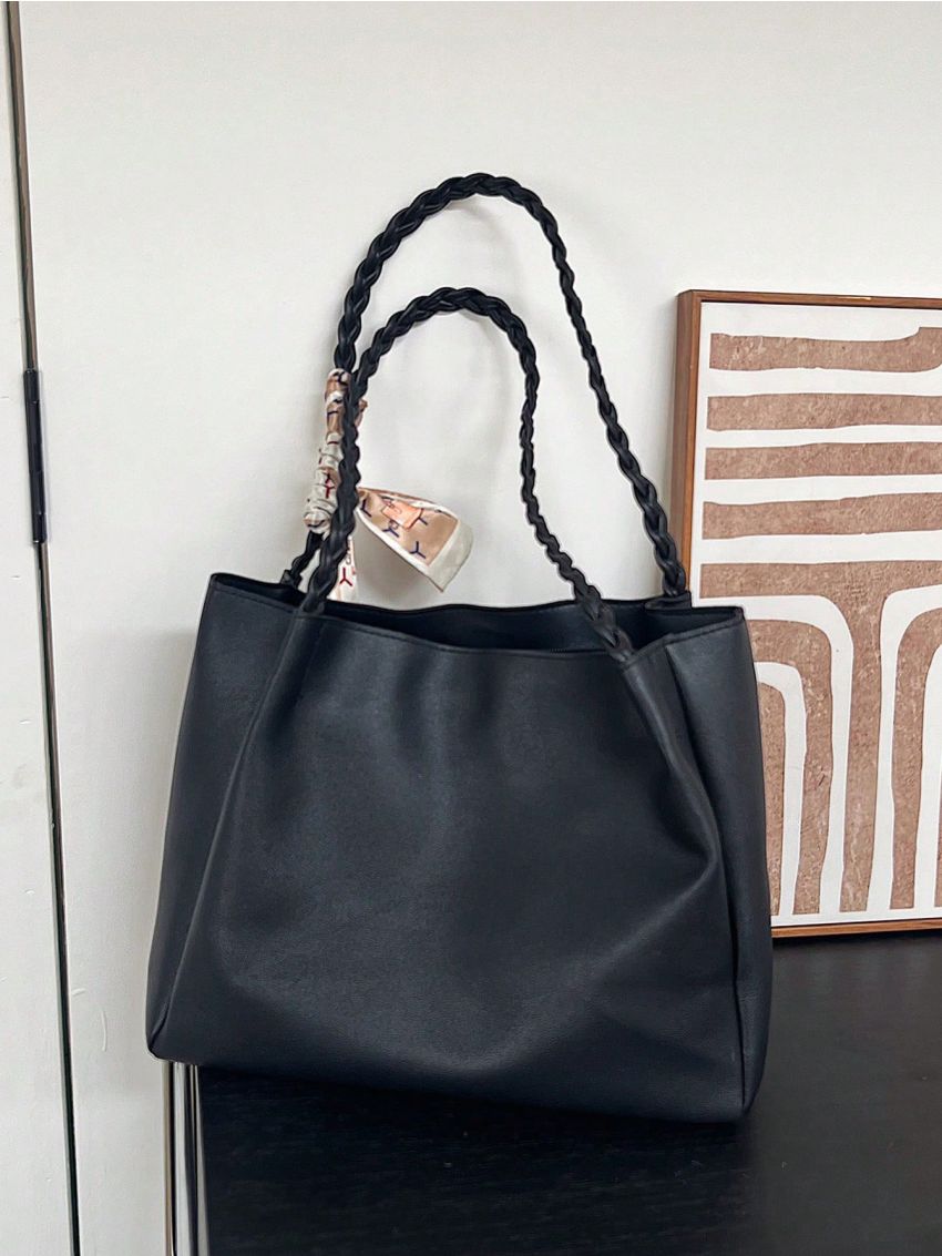 Letter Patch Shoulder Tote Bag Twilly Scarf Decor Large Capacity