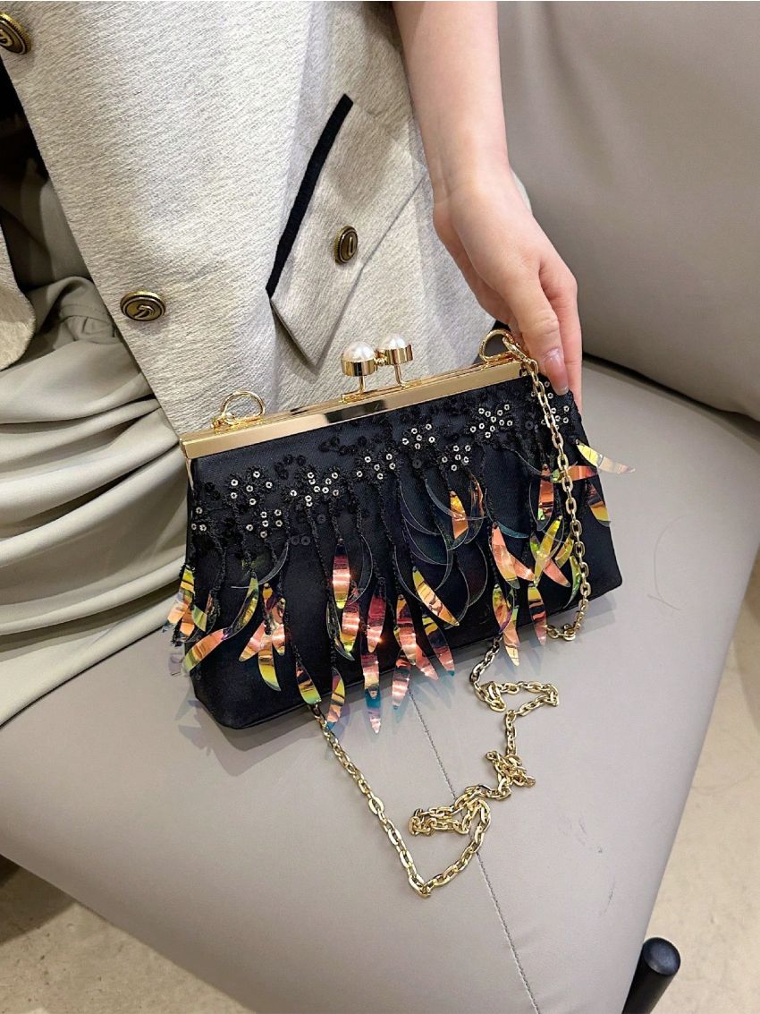 Black Novelty Bag Sequins Decor Chain Strap For Party