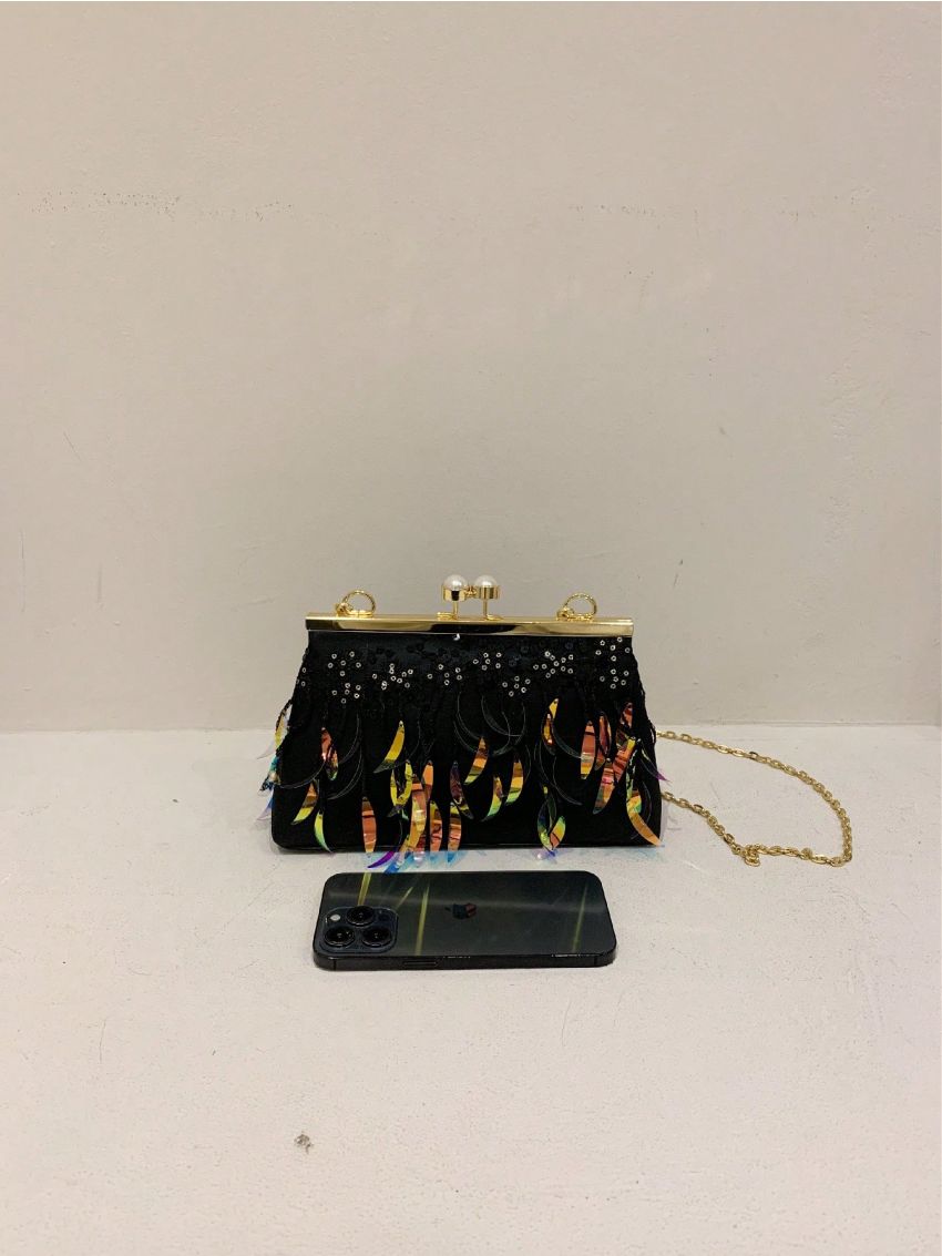 Black Novelty Bag Sequins Decor Chain Strap For Party