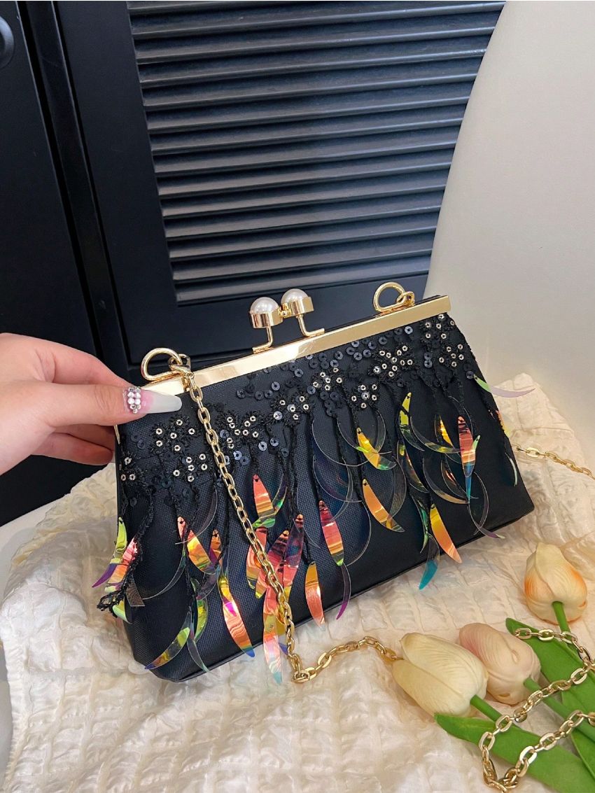 Black Novelty Bag Sequins Decor Chain Strap For Party