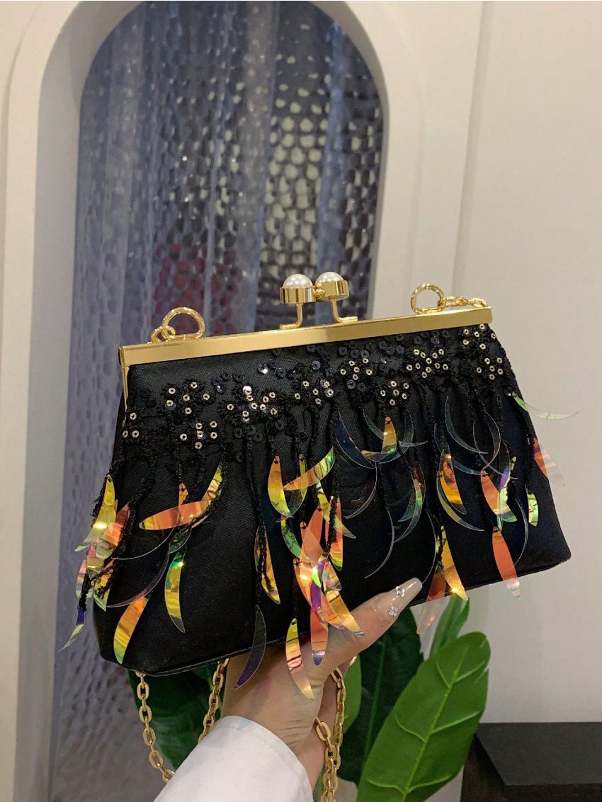 Black Novelty Bag Sequins Decor Chain Strap For Party