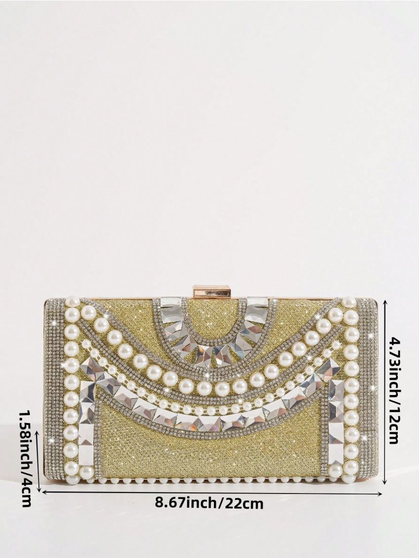 Small Box Bag Rhinestone & Faux Pearl Decor For Party, Perfect Bride Purse For Wedding, Prom & Party Events