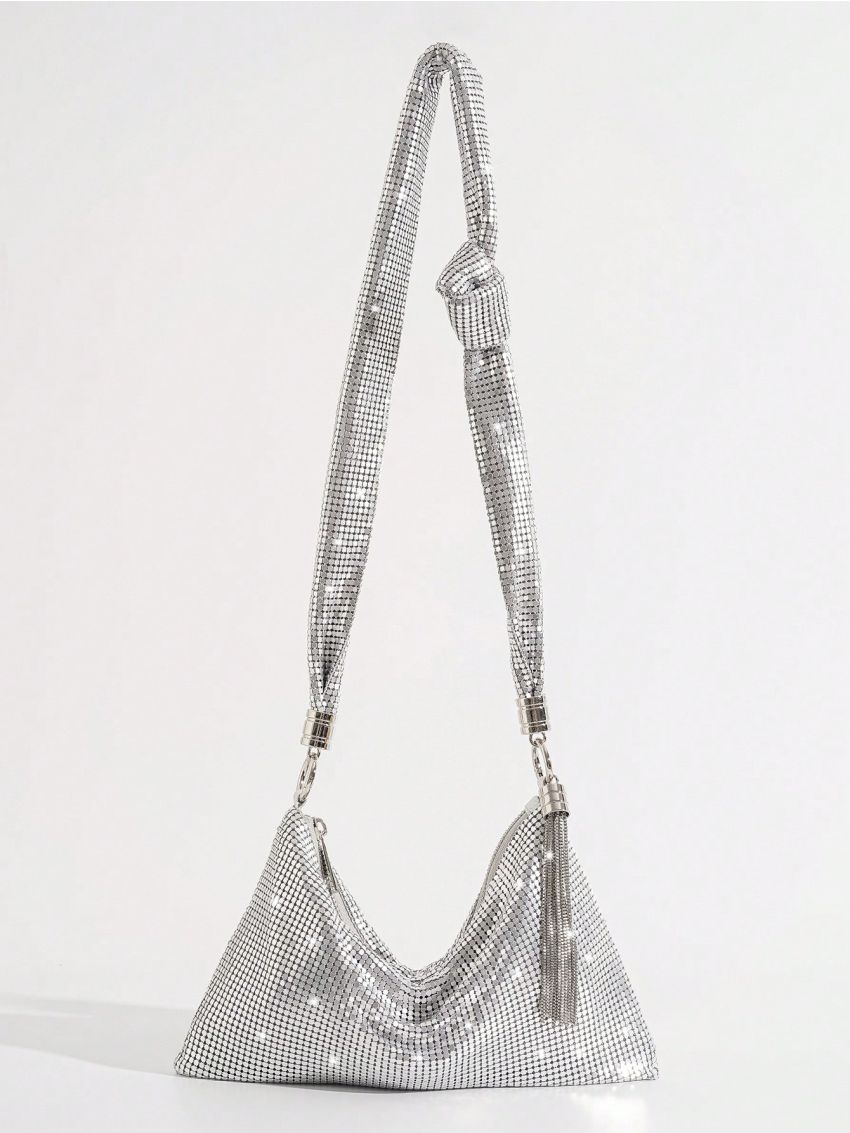 Silver Hobo Bag Tassel Decor For Party