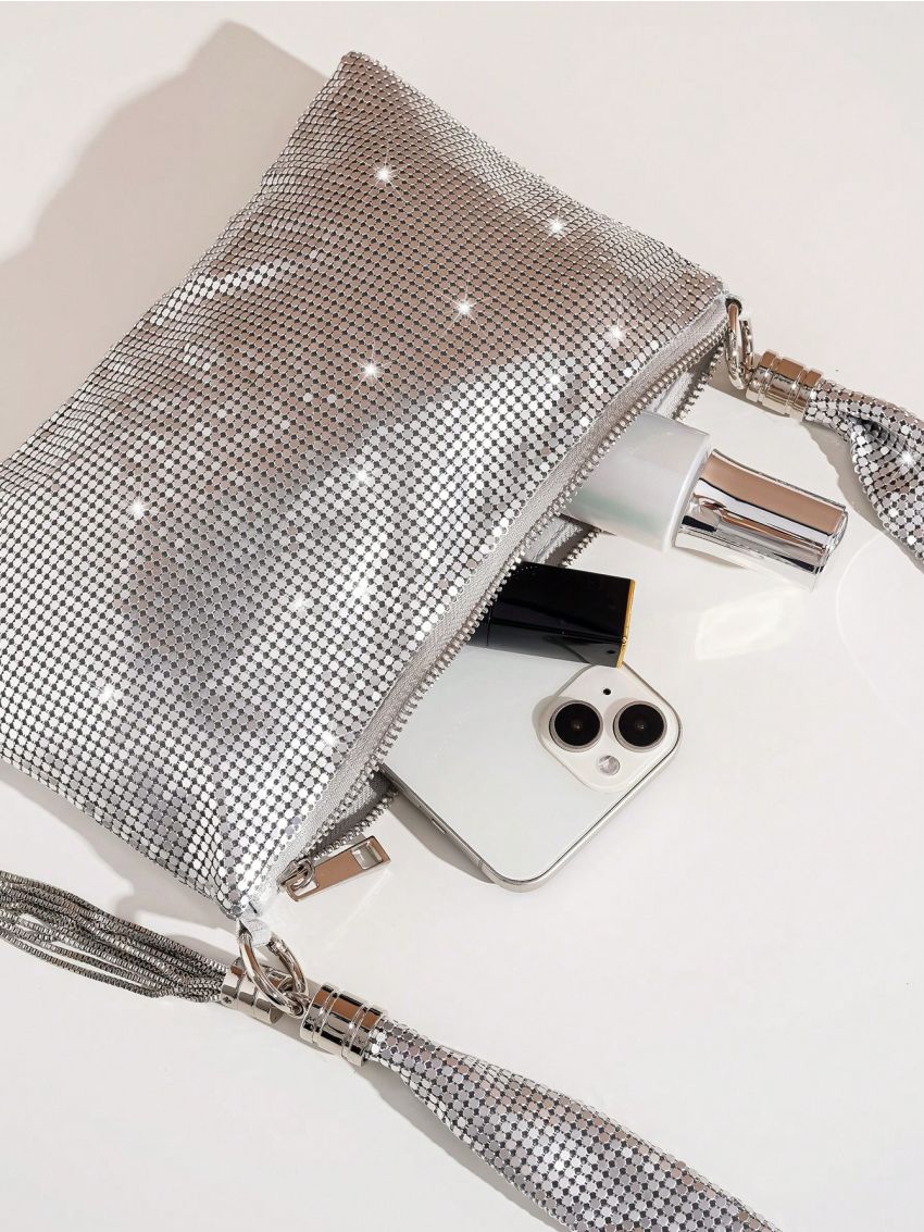 Silver Hobo Bag Tassel Decor For Party