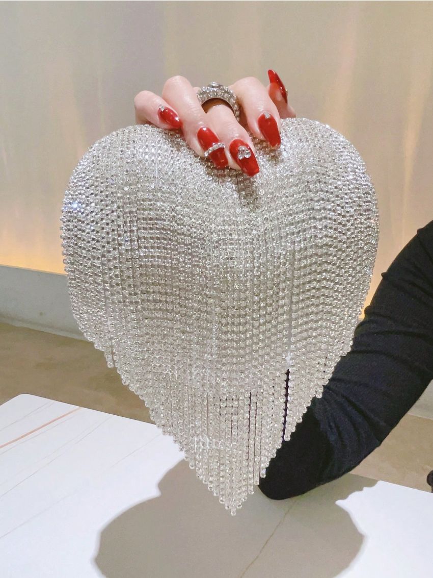 Mini Novelty Bag Rhinestone & Fringe Decor For Party, Perfect Bride Purse For Wedding, Prom & Party Events