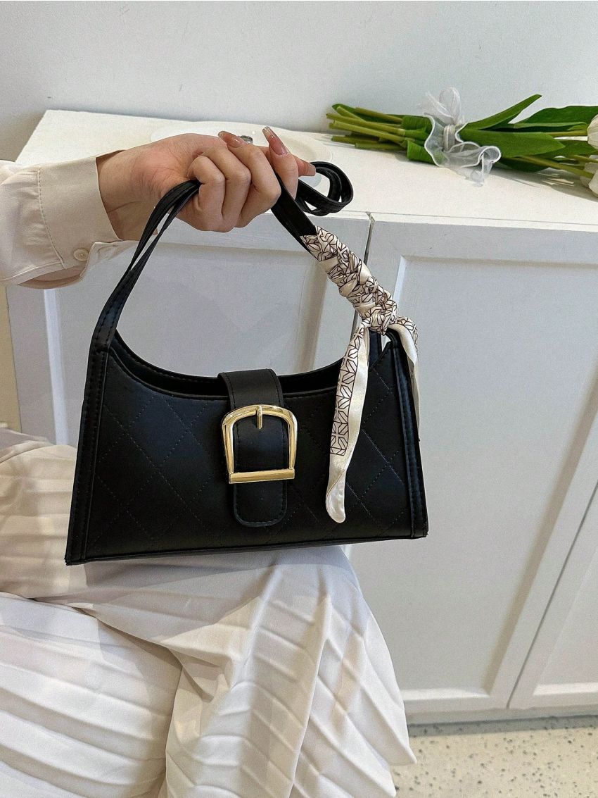 Rhombus Pattern Baguette Bag Buckle & Twilly Scarf Decor For Daily