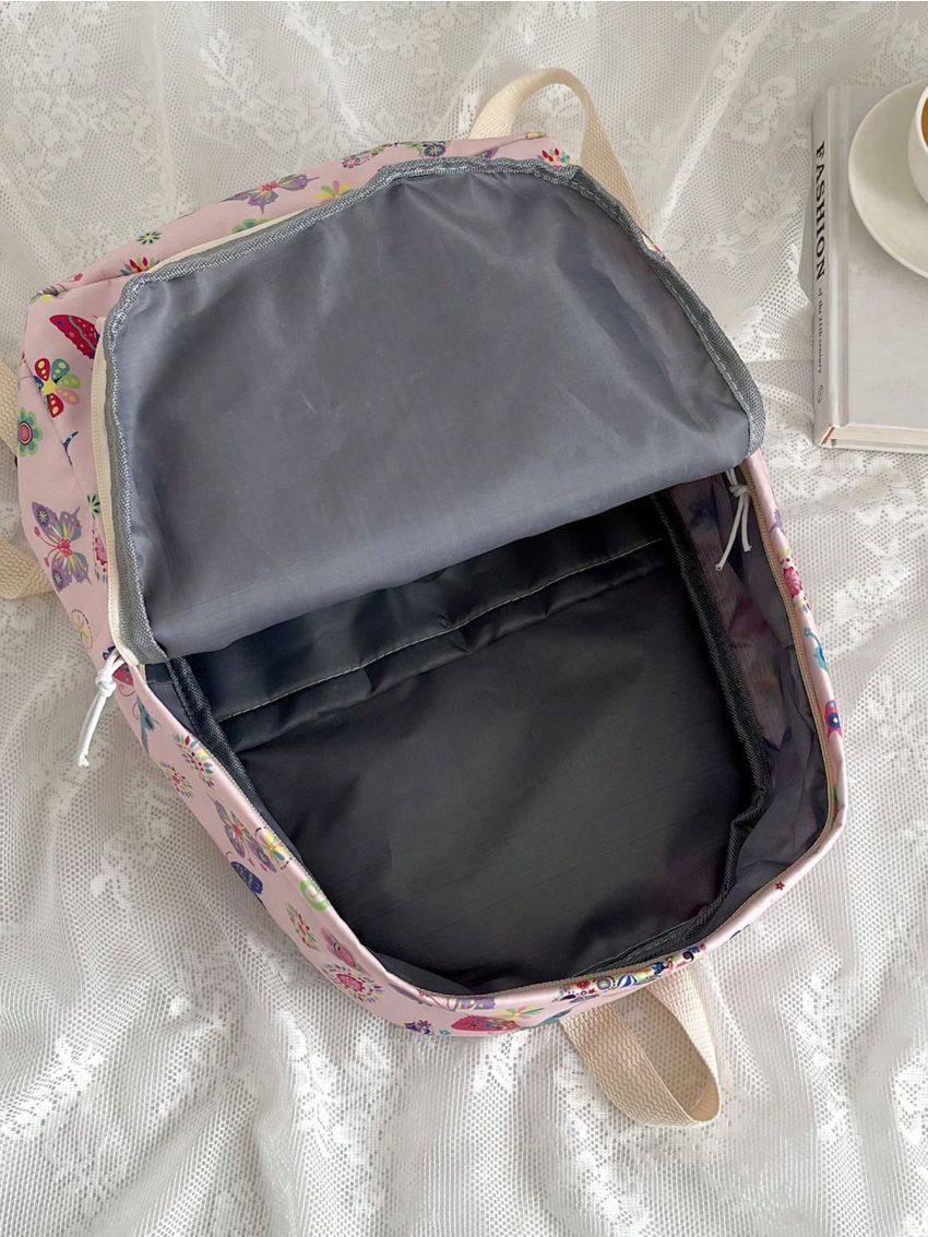 Butterfly & Floral Print Classic Backpack Preppy High-capacity Zipper For School
