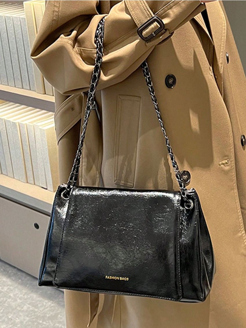 Letter Graphic Square Bag Flap PU Black