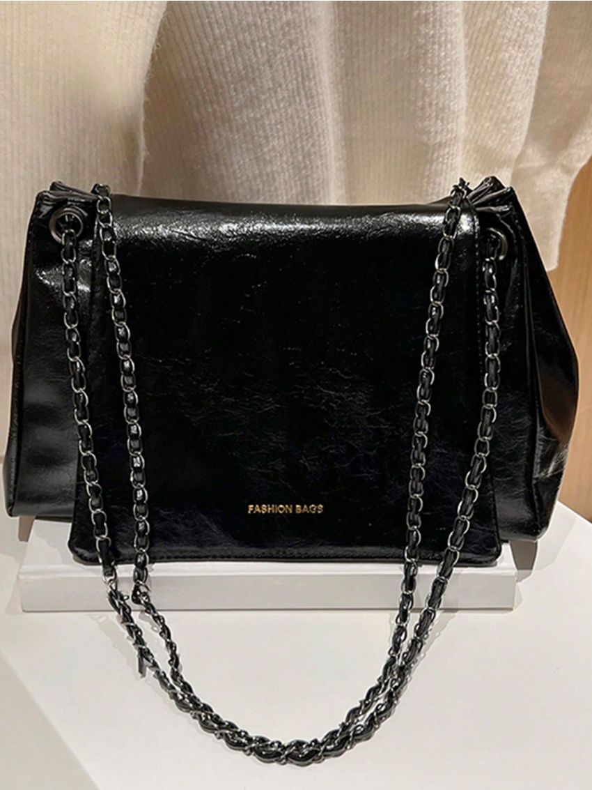 Letter Graphic Square Bag Flap PU Black