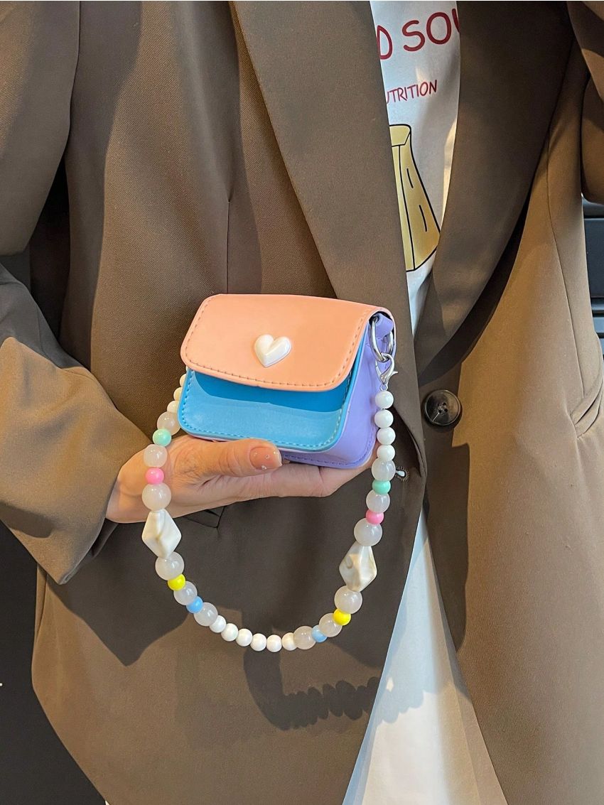 Mini Square Bag Color Block Heart Decor Flap PU