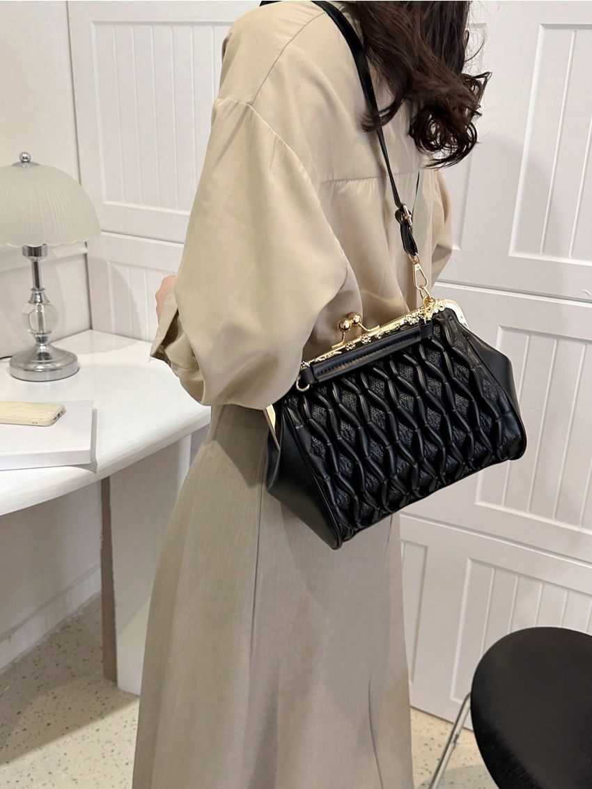 Embossed Detail Satchel Bag Kiss Lock PU