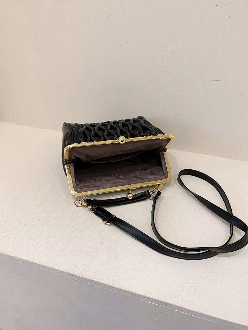 Embossed Detail Satchel Bag Kiss Lock PU