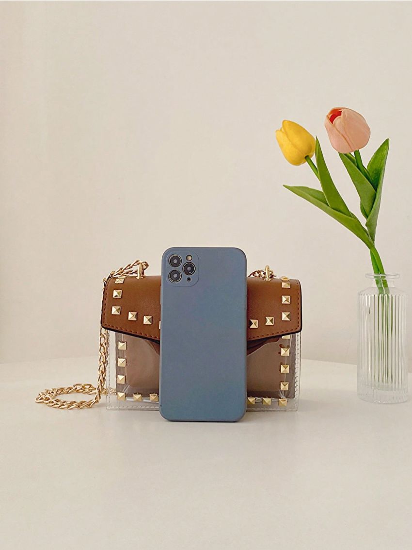 Mini Square Bag With Small Pouch Studded Decor Flap