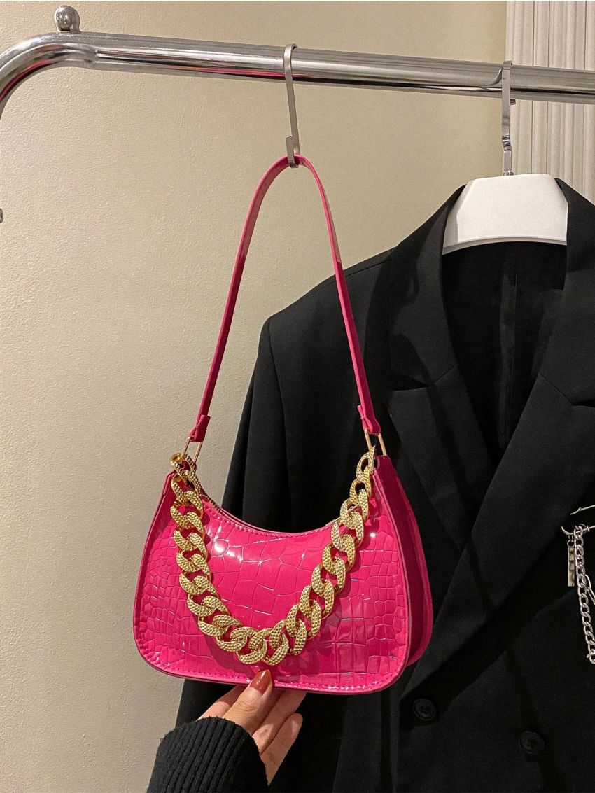 Mini Hobo Bag Crocodile Embossed Chain Decor PU Neon Pink