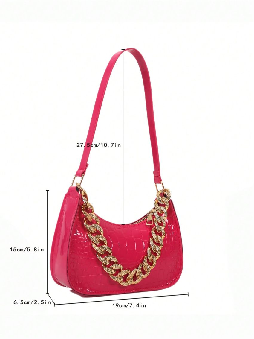 Mini Hobo Bag Crocodile Embossed Chain Decor PU Neon Pink