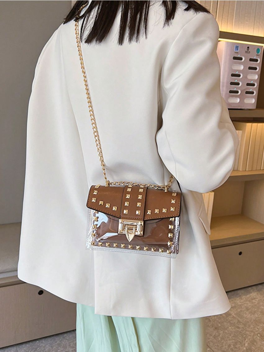 Mini Square Bag With Small Pouch Studded Decor Flap