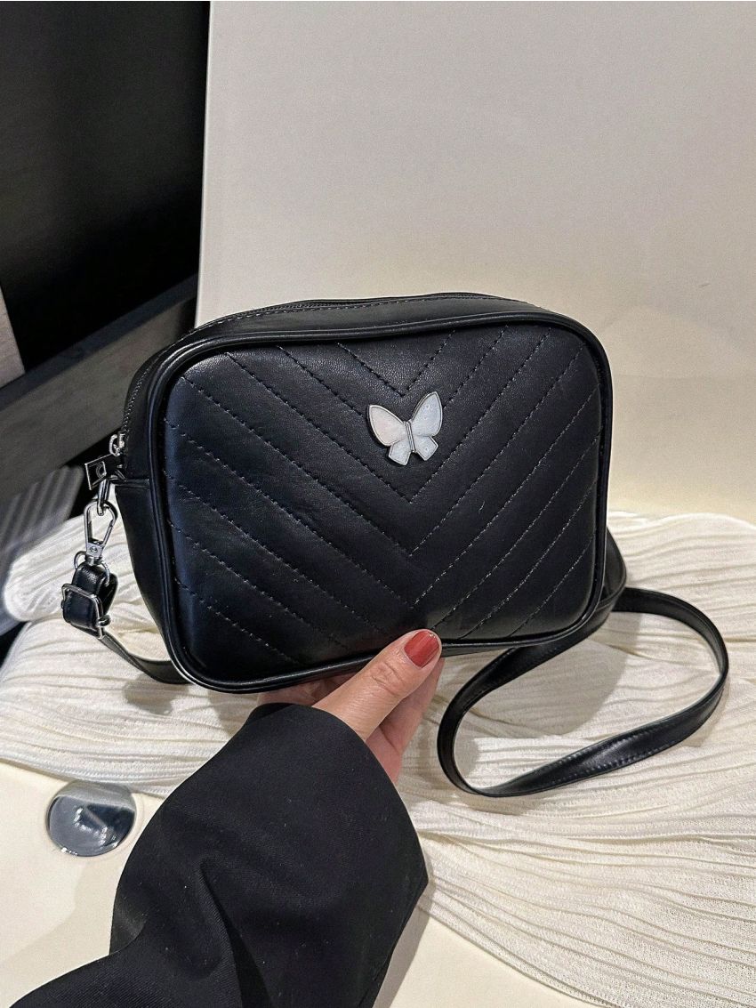 PU Square Bag Chevron Pattern Butterfly Decor Zipper