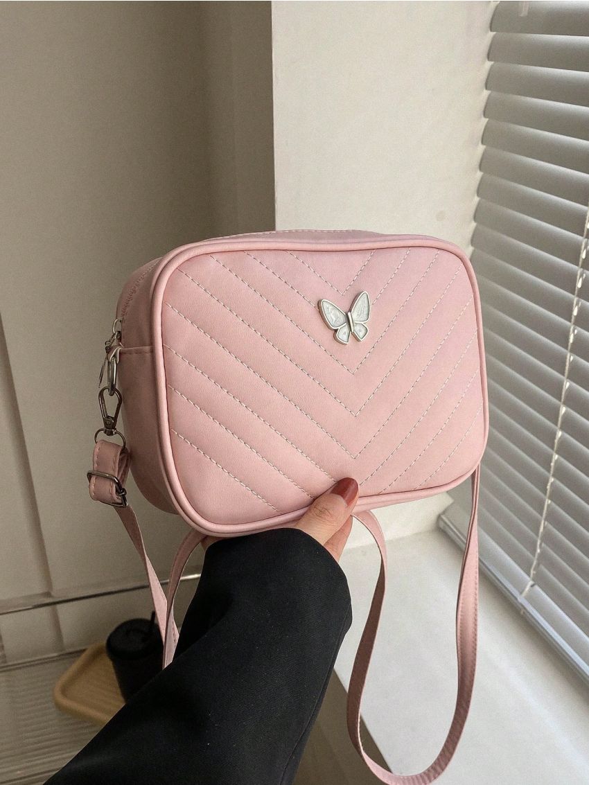 PU Square Bag Chevron Pattern Butterfly Decor Zipper