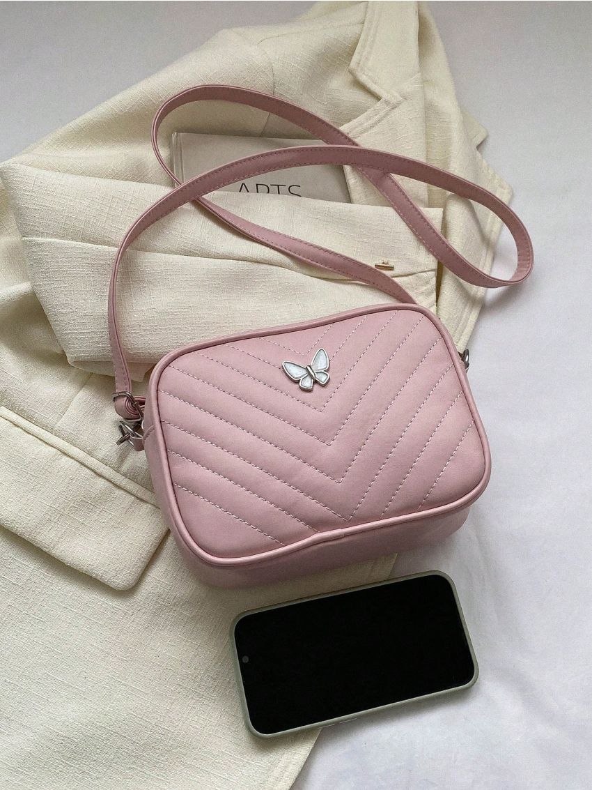 PU Square Bag Chevron Pattern Butterfly Decor Zipper