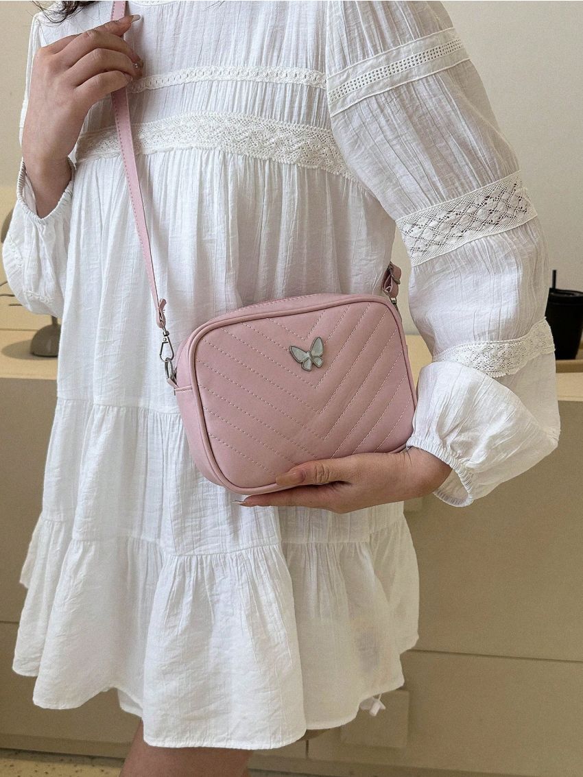 PU Square Bag Chevron Pattern Butterfly Decor Zipper