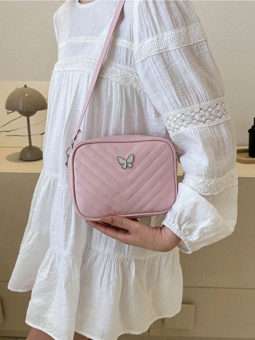 PU Square Bag Chevron Pattern Butterfly Decor Zipper