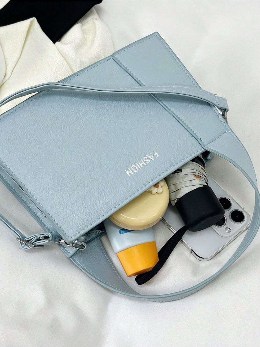 PU Square Bag Letter Graphic Top Handle Blue