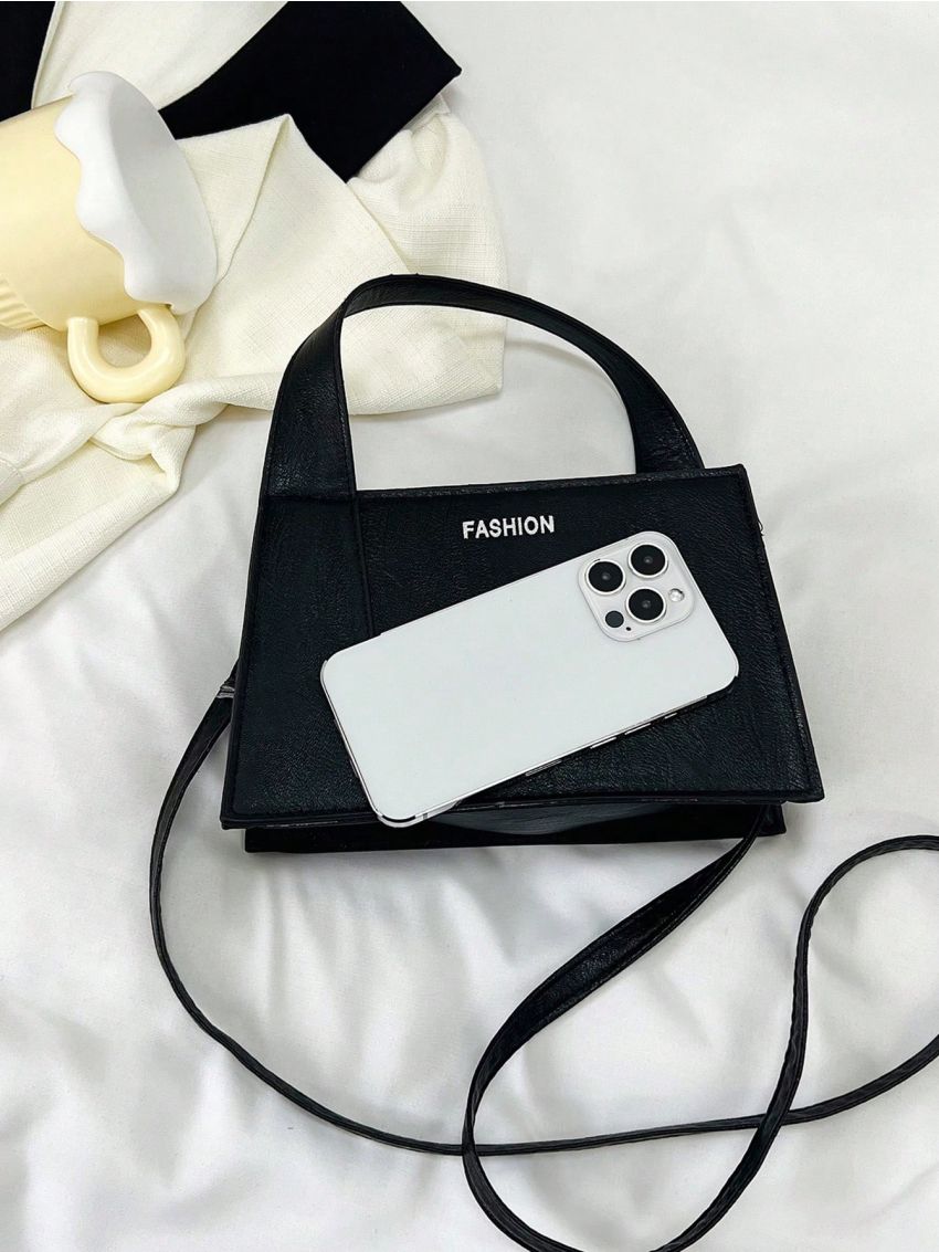 PU Square Bag Letter Graphic Black Top Handle