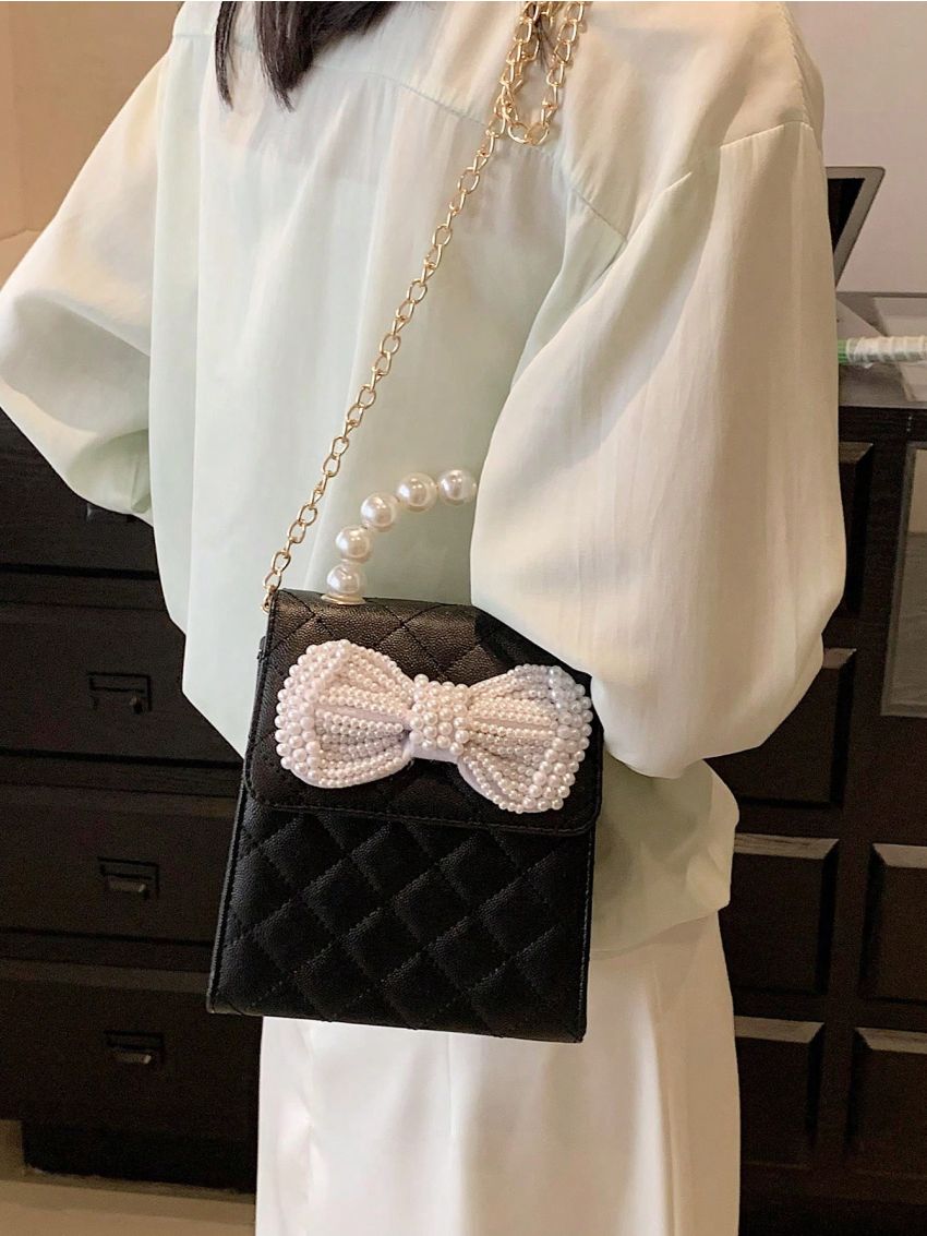 Mini Square Bag Quilted Faux Pearl & Bow Decor PU Flap