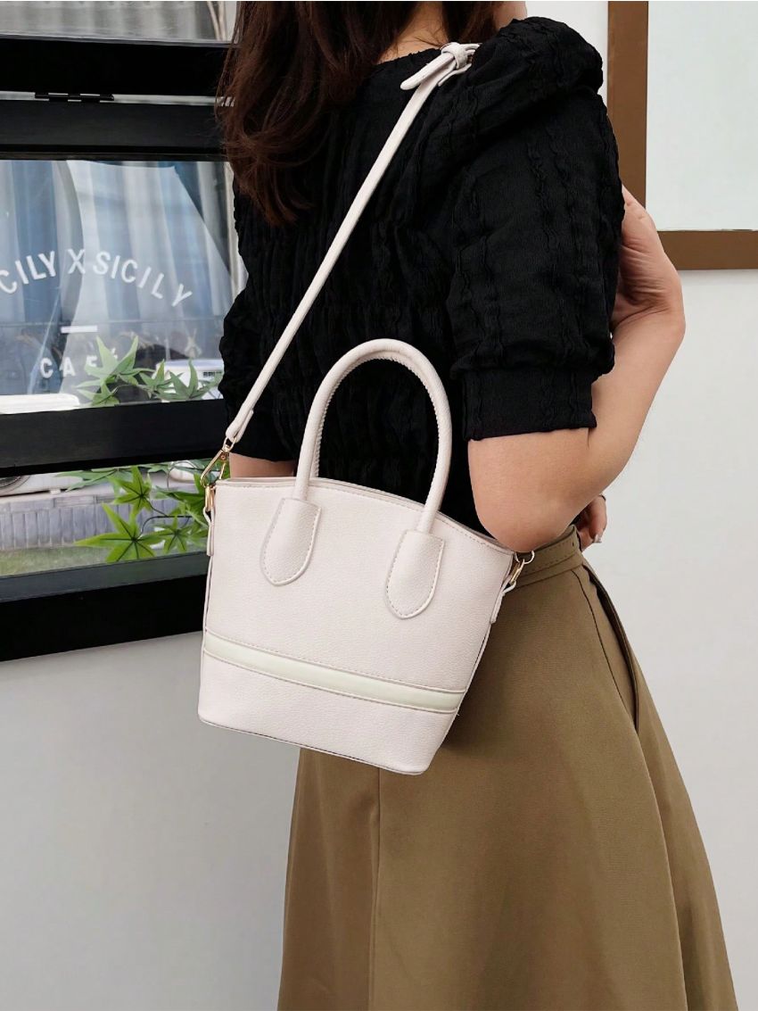 Litchi Embossed Bucket Bag PU Double Handle