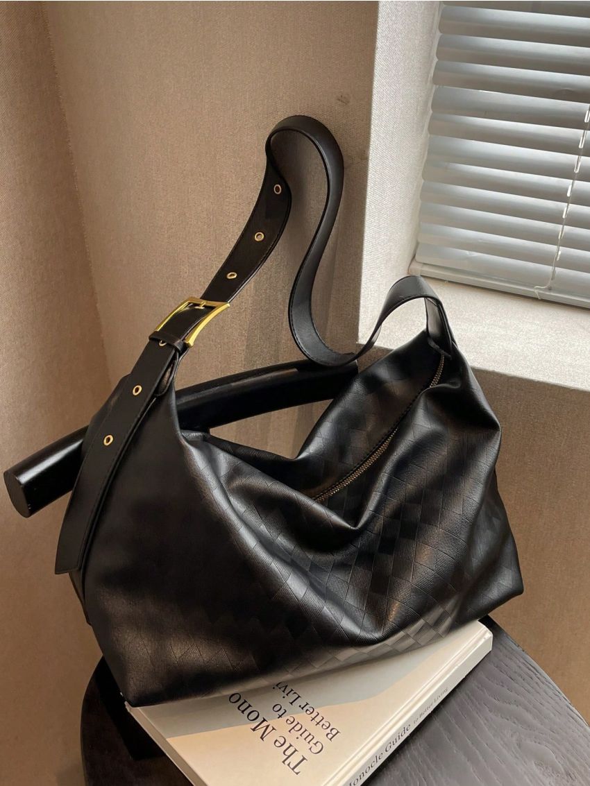 Plaid Embossed Pu Hobo Bag Large Capacity With Zipper