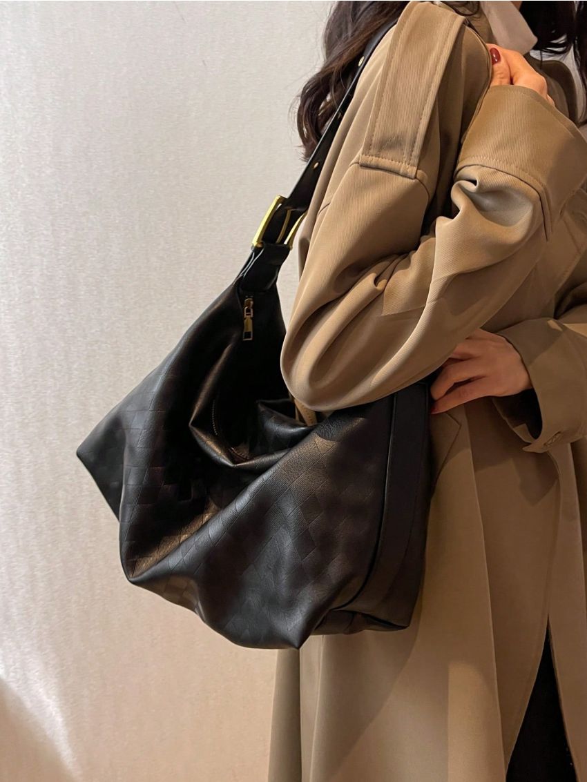 Plaid Embossed Pu Hobo Bag Large Capacity With Zipper