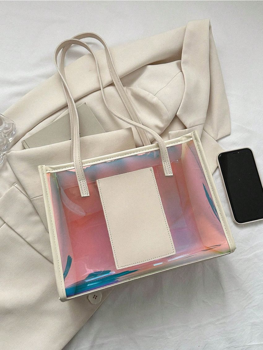 Holographic Square Bag PVC Funky Contrast Binding, Clear Bag