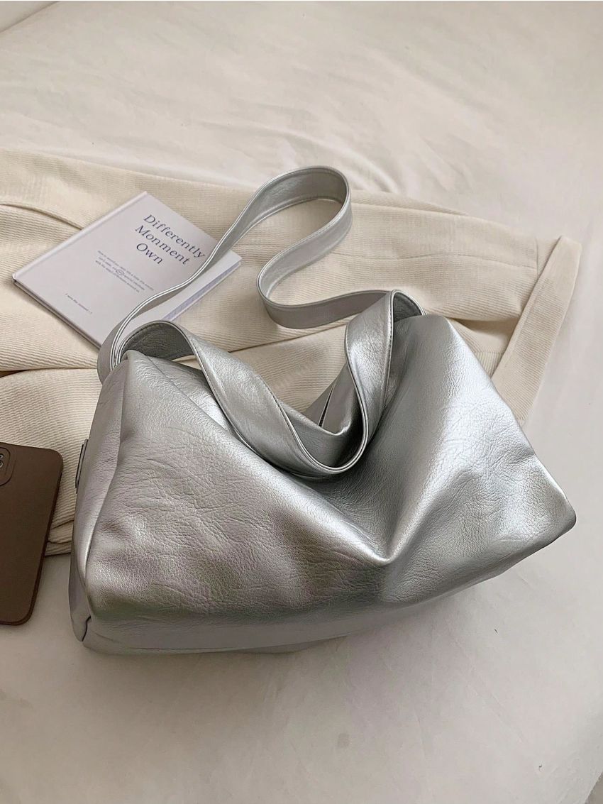 Silver Pu Hobo Bag Funky Metallic Large Capacity