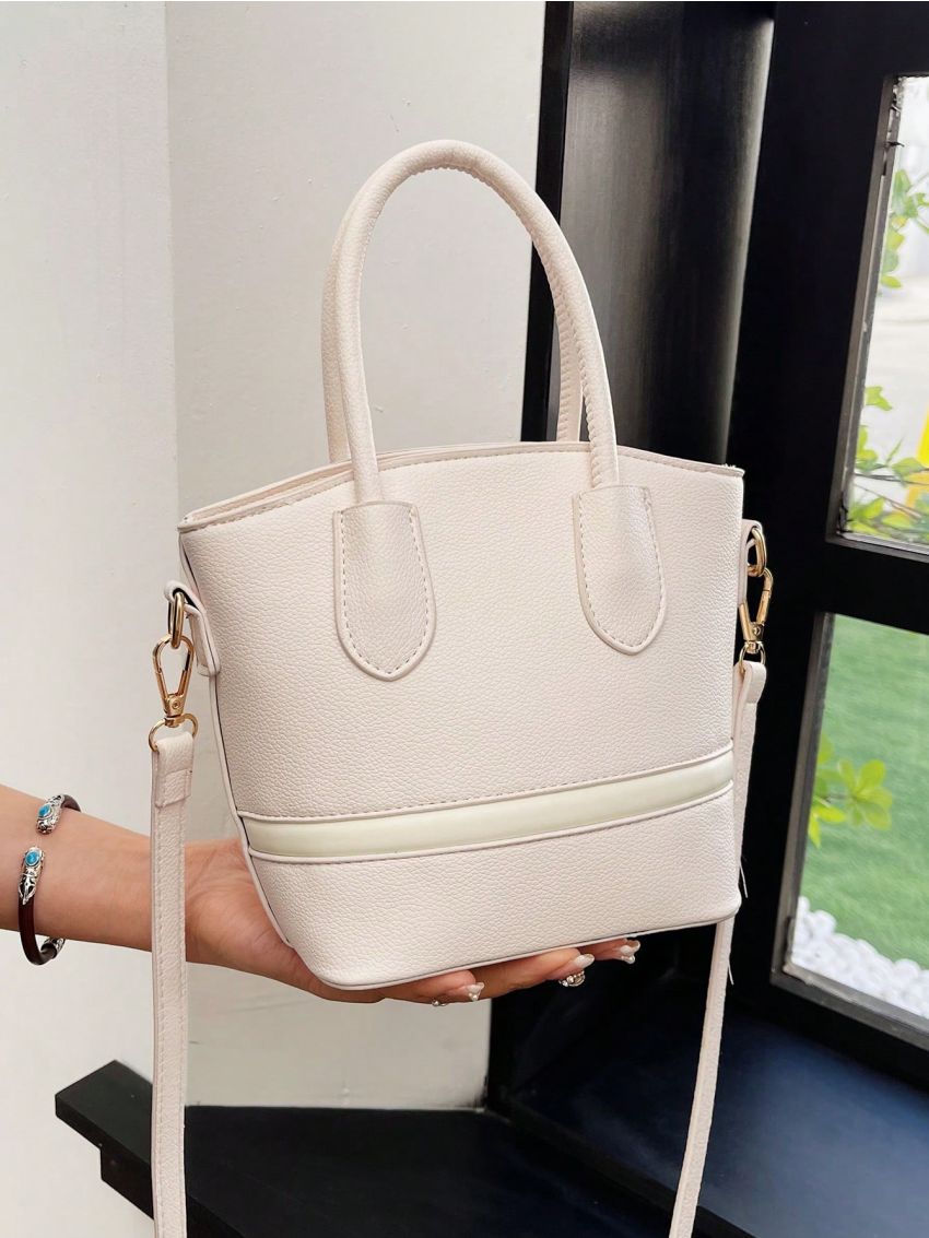 Litchi Embossed Bucket Bag Double Handle Elegant White