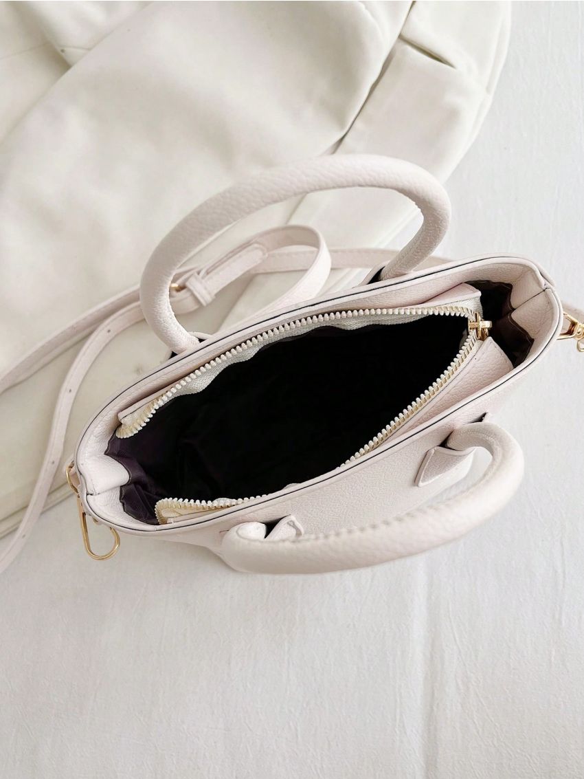 Litchi Embossed Bucket Bag Double Handle Elegant White