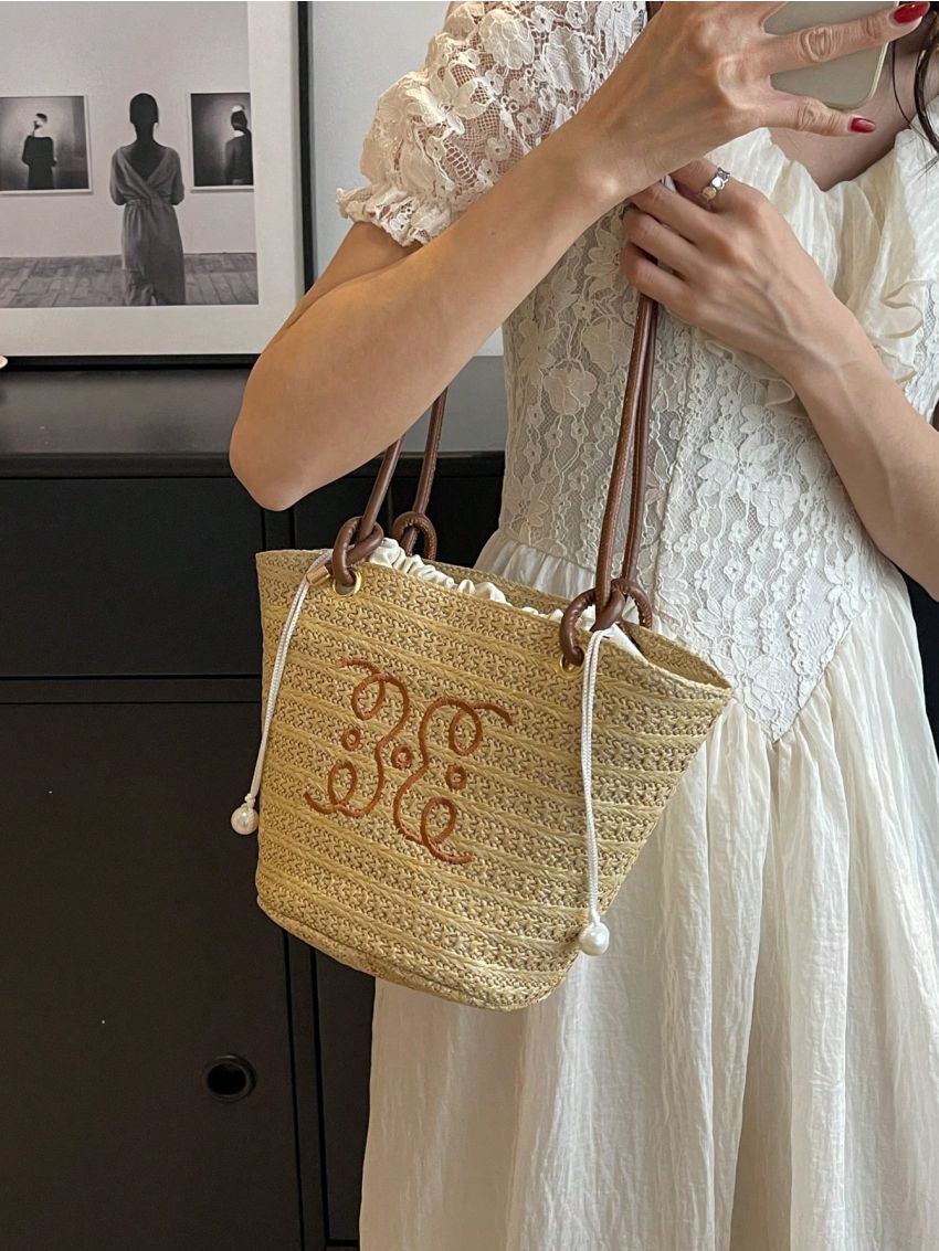Embroidered Detail Straw Bag With Drawstring Detail Inner Pouch