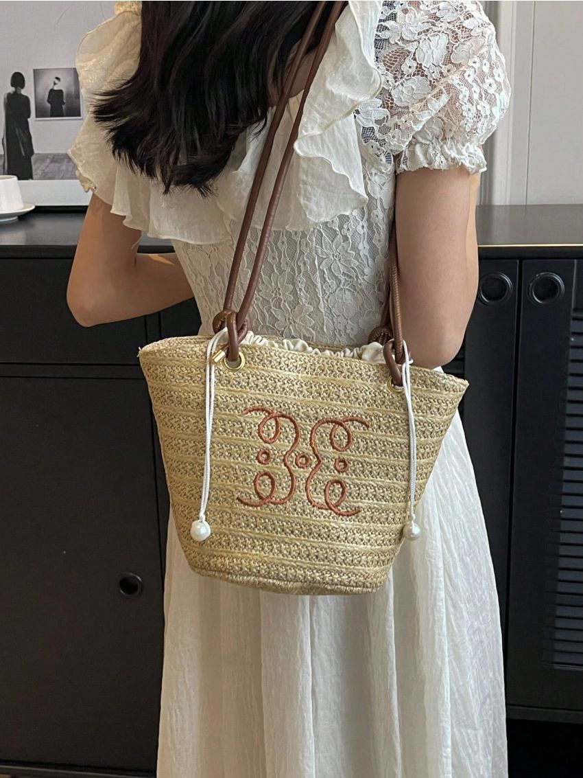 Embroidered Detail Straw Bag With Drawstring Detail Inner Pouch