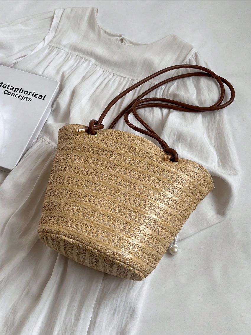 Embroidered Detail Straw Bag With Drawstring Detail Inner Pouch