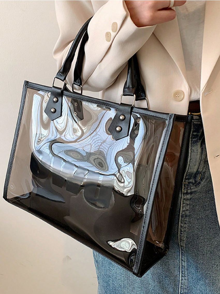 Clear Contrast Binding Top Handle Bag Letter Print With Inner Pouch