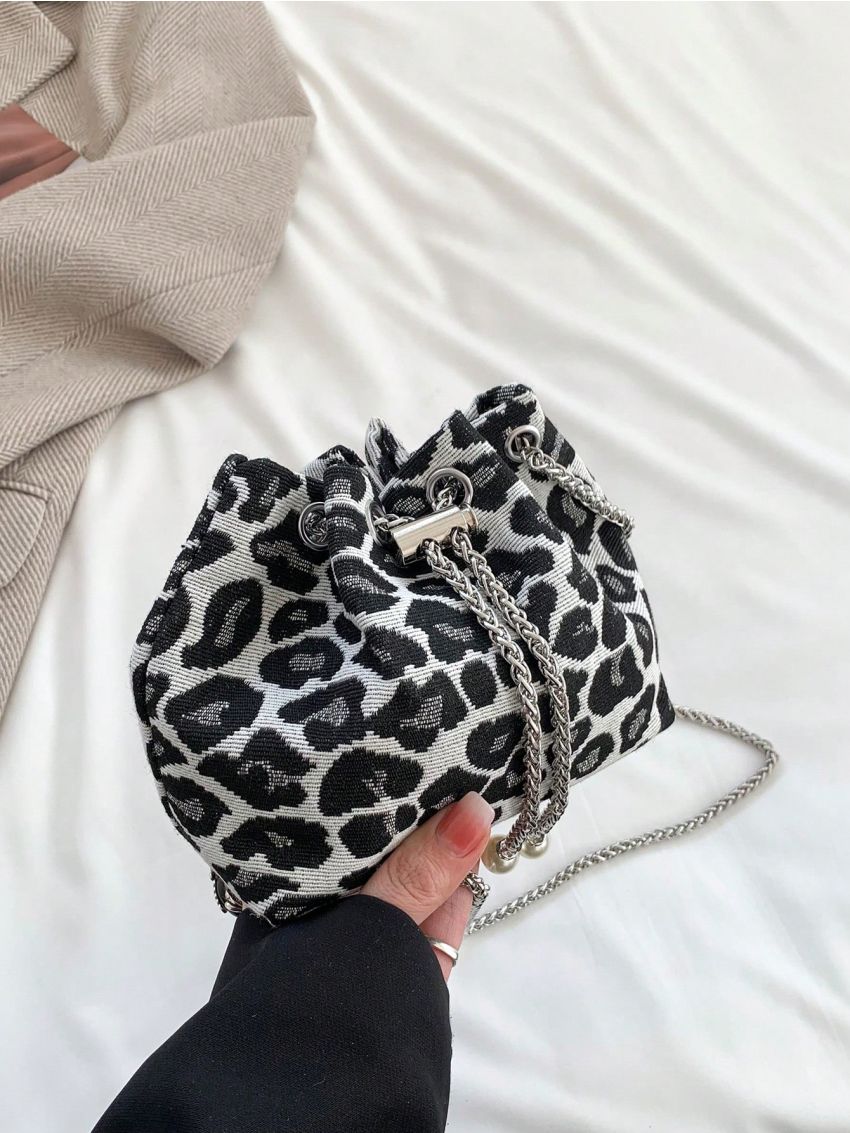 Mini Faux Pearl Detail Bucket Bag Drawstring Detail Fashion Leopard Print
