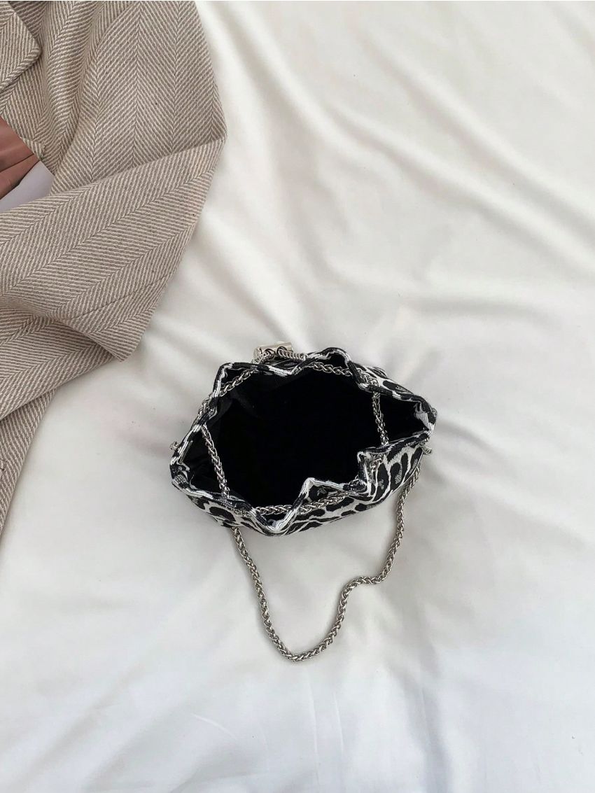 Mini Faux Pearl Detail Bucket Bag Drawstring Detail Fashion Leopard Print