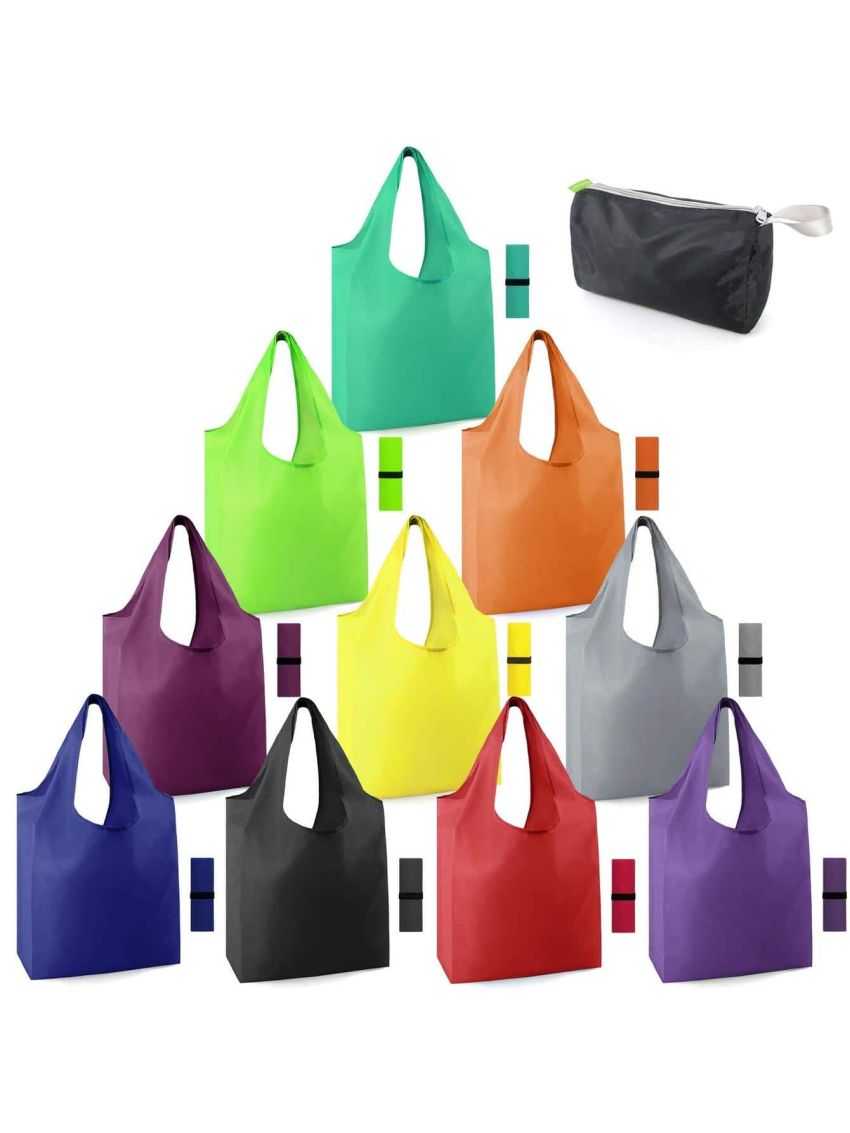 BeeGreen Reusable Grocery Bags Foldable Machine Washable Reusable Shopping Bags Bulk Colorful 10 Pack 50LBS Extra Large Folding Reusable Bags Totes w Zipper Storage Bag Lightweight Polyester Fabric